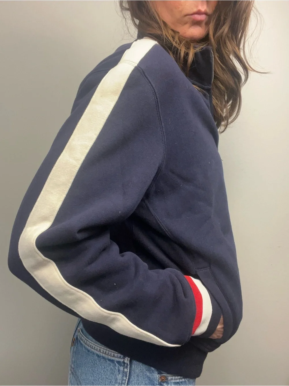 Polo Ralph Lauren Navy Track Jacket with Cream Sleeve Stripes – Size L